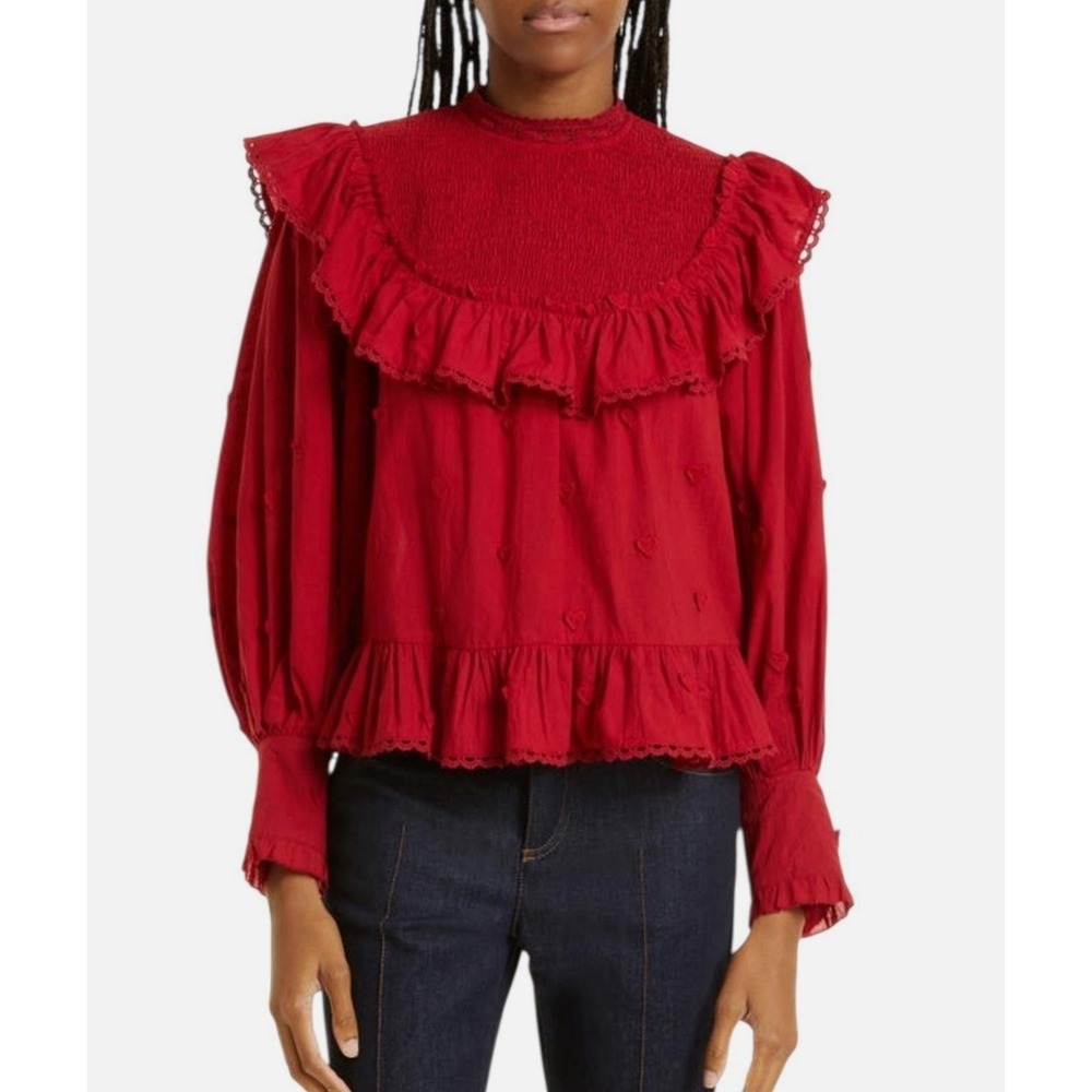 Farm Rio Blouse Womens M Red Heart Embroidered Ruffle Smocked Neck - Flaws